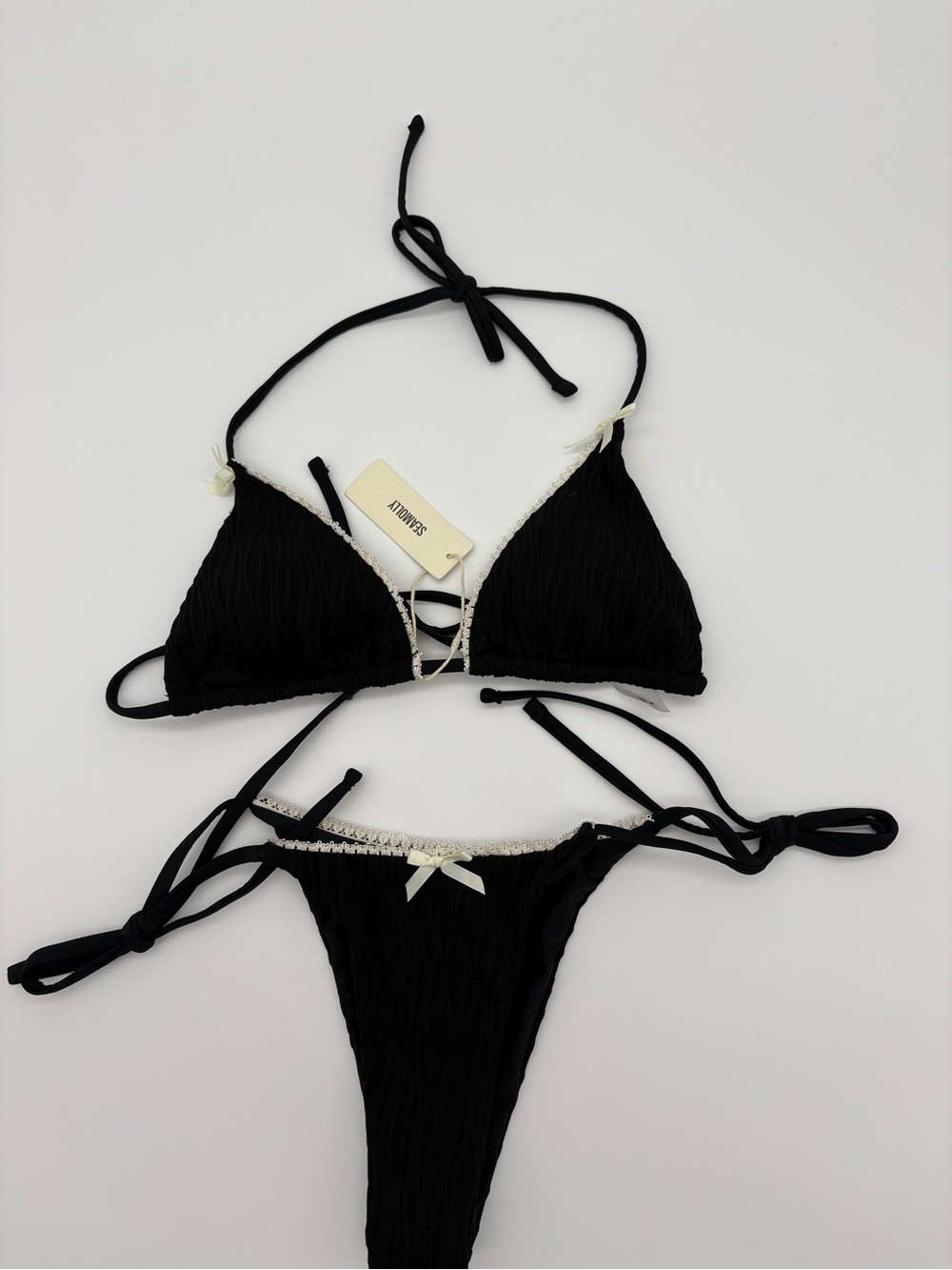 Black String Triangle Bikini with Ivory Contrast Trim